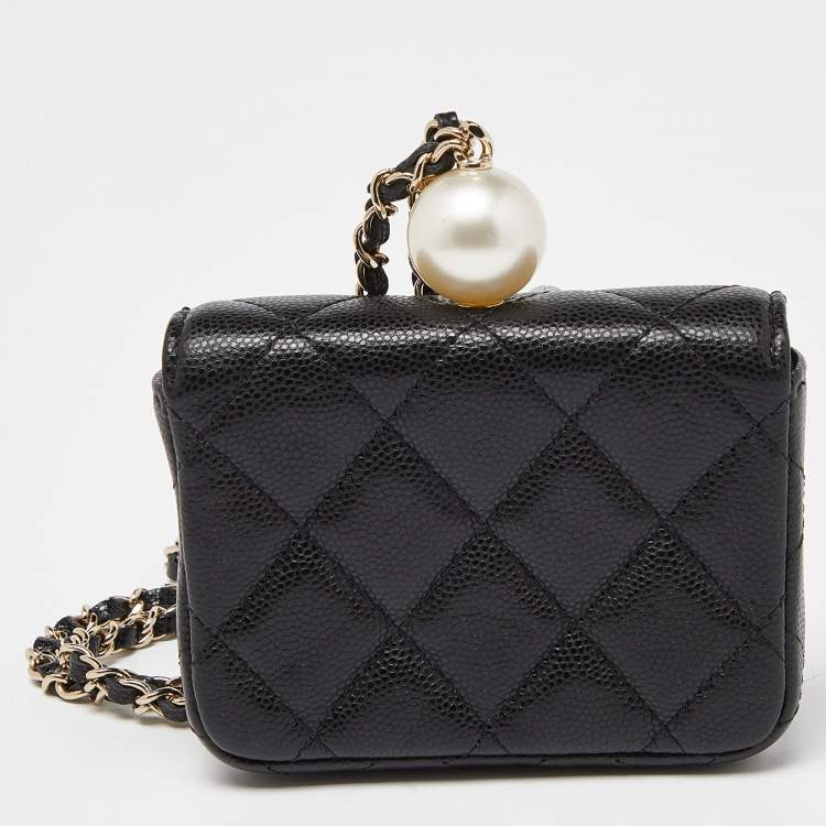 Pre Owned Chanel Black Caviar Leather CC Pearl Flap Chain Coin Purse 