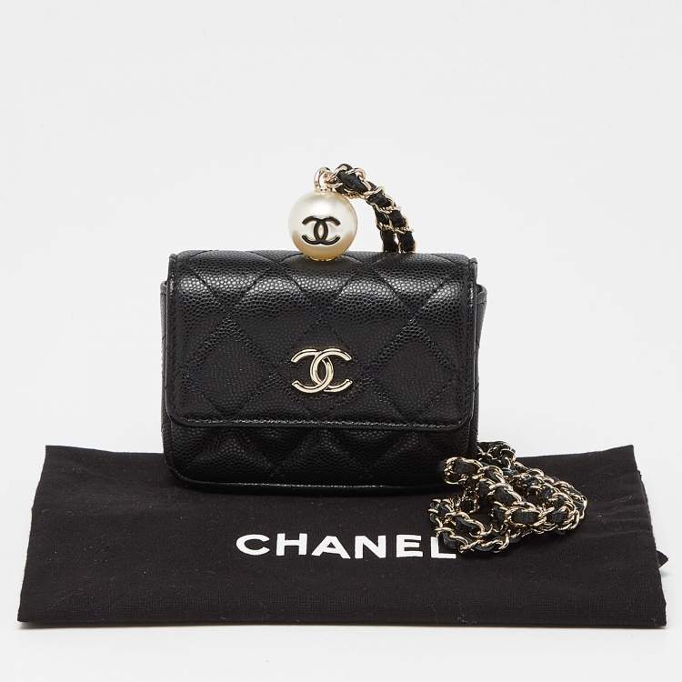 Pre Owned Chanel Black Caviar Leather CC Pearl Flap Chain Coin Purse 