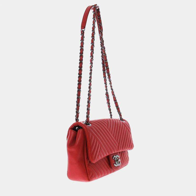Chanel Red Leather Chevron Shoulder Bag Chanel