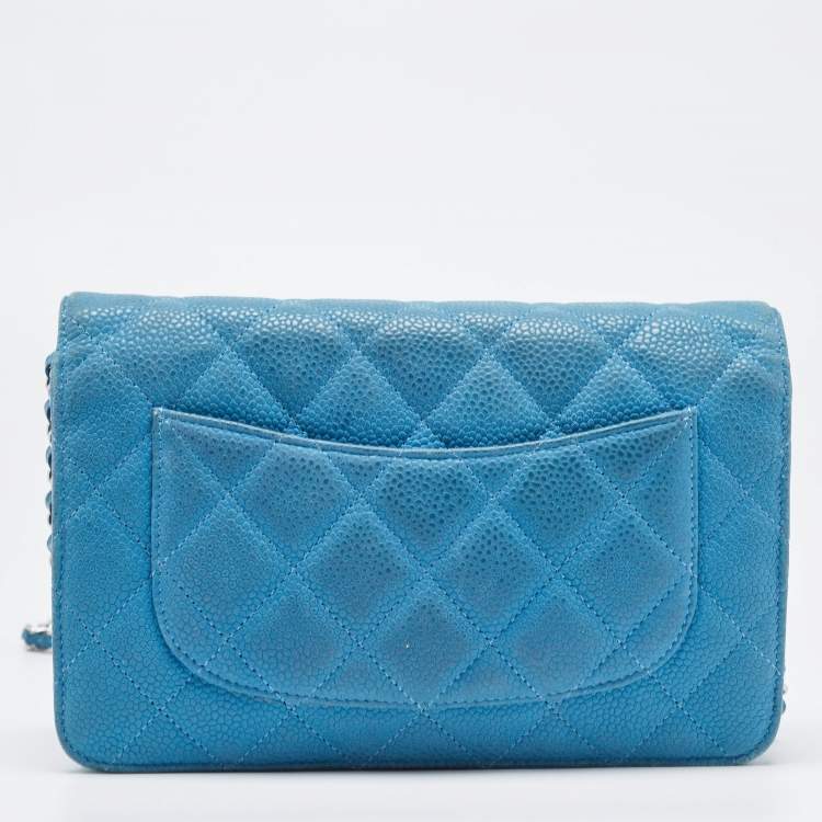 Pre Owned Chanel Blue Quilted Caviar Leather Classic Wallet on Chain