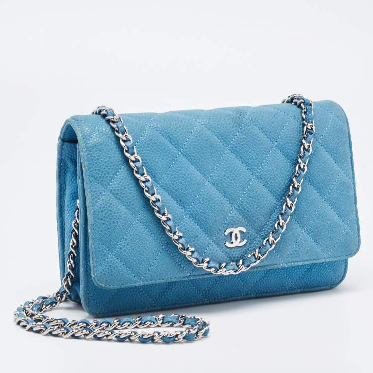 Pre Owned Chanel Blue Quilted Caviar Leather Classic Wallet on Chain