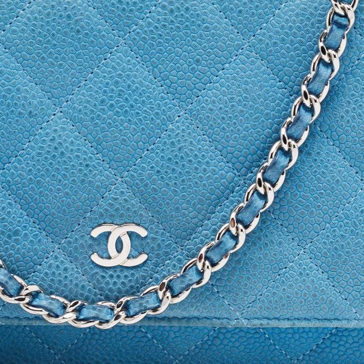 Pre Owned Chanel Blue Quilted Caviar Leather Classic Wallet on Chain