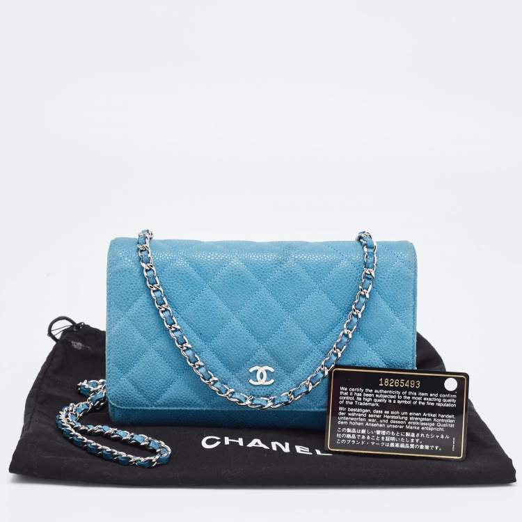 Pre Owned Chanel Blue Quilted Caviar Leather Classic Wallet on Chain