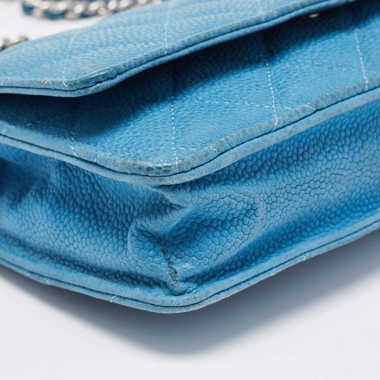 Pre Owned Chanel Blue Quilted Caviar Leather Classic Wallet on Chain