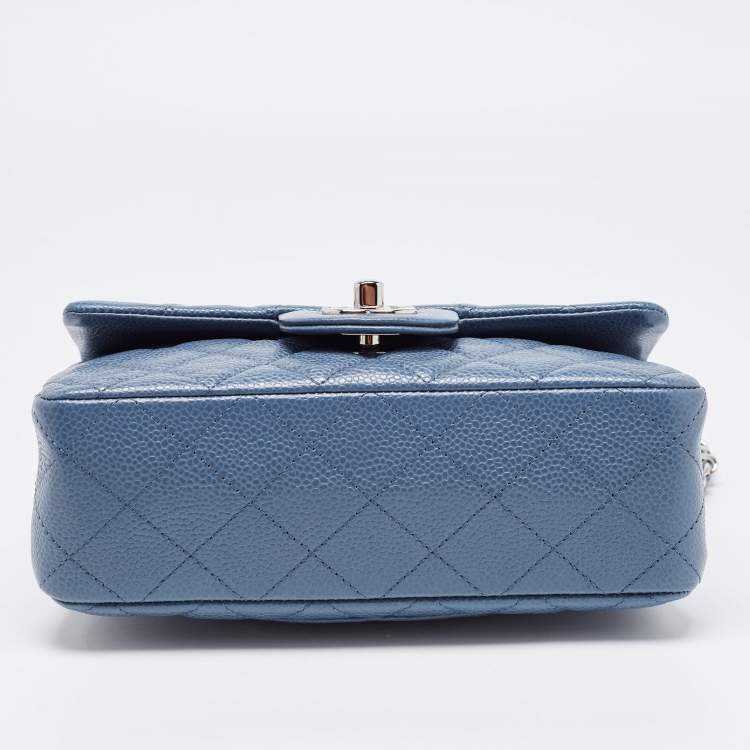 Pre Owned Chanel Blue Quilted Caviar Leather Mini Rectangle Classic Single Flap Bag