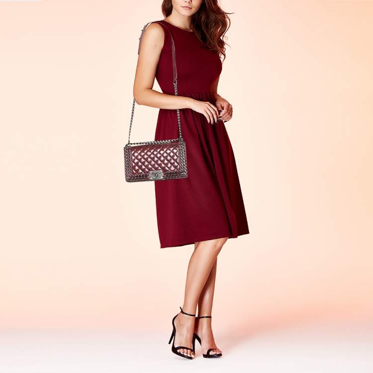 Pre Owned Chanel Red Quilted Leather Medium Interlaced Chained Boy Flap Bag