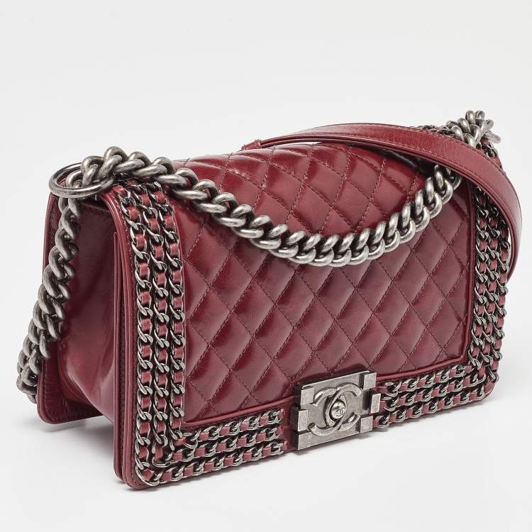 Pre Owned Chanel Red Quilted Leather Medium Interlaced Chained Boy Flap Bag