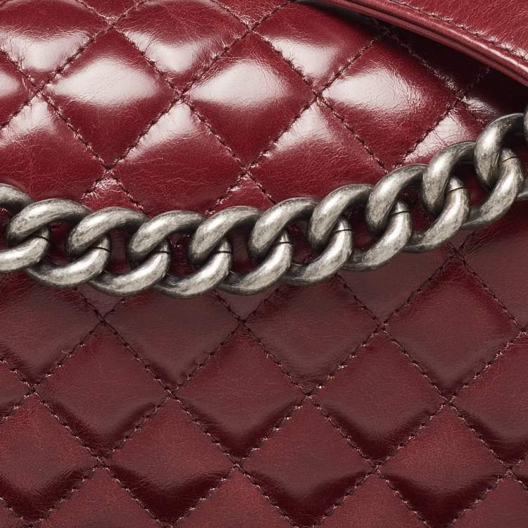 Pre Owned Chanel Red Quilted Leather Medium Interlaced Chained Boy Flap Bag