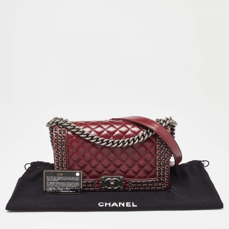 Pre Owned Chanel Red Quilted Leather Medium Interlaced Chained Boy Flap Bag