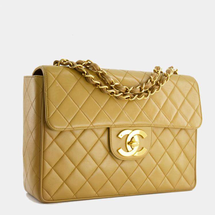 Chanel Beige Vintage XL Single Flap Bag in Lambskin with 24k Gold Hardware  Chanel