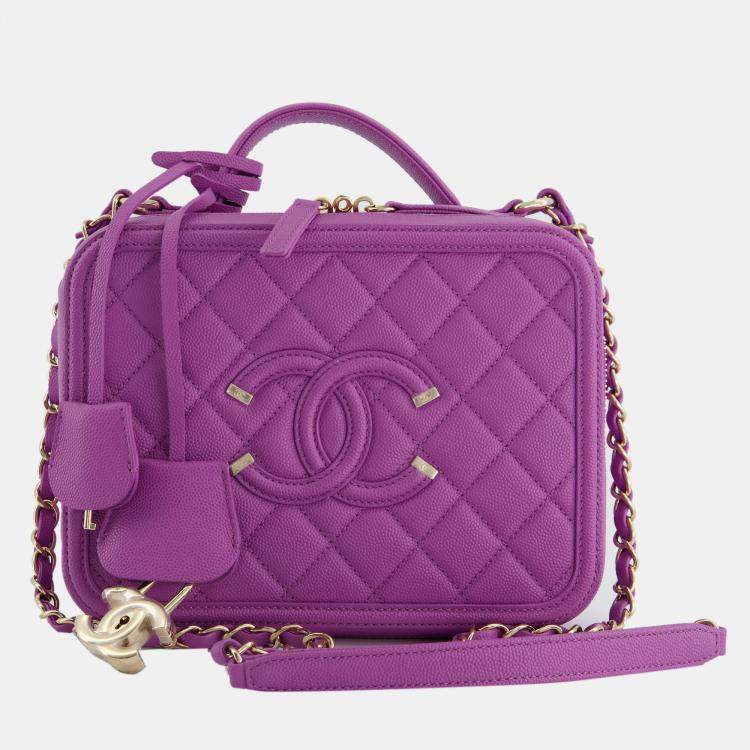 Chanel Purple CC Vanity Case Bag in Caviar Leather with Champagne
