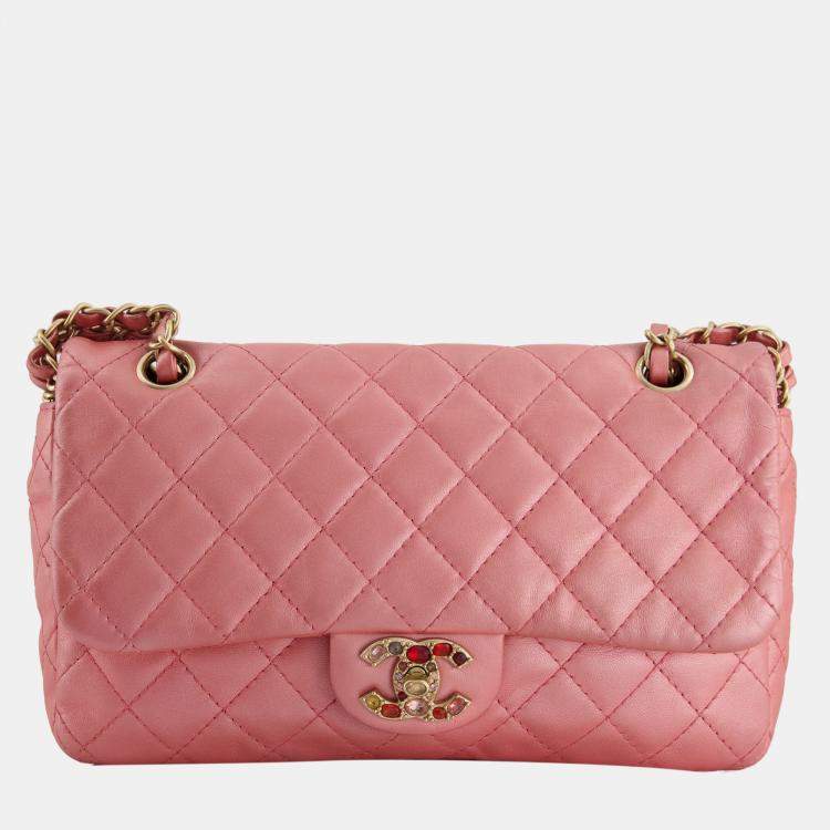 Chanel Pink Metallic Single Flap Shoulder Bag in Lambskin Leather with Gold  and Precious Stone Hardware Chanel