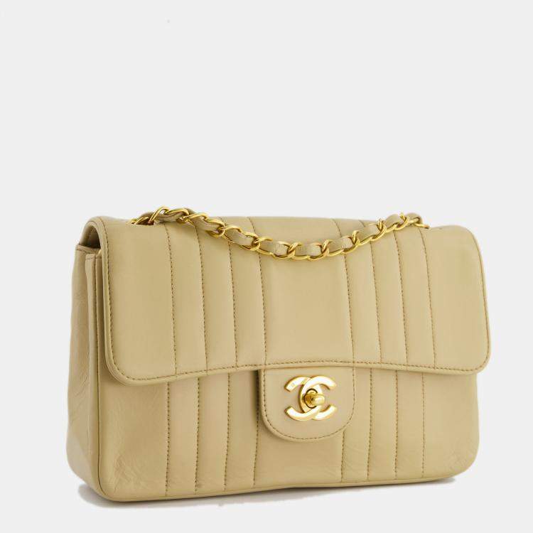Chanel Vintage Beige Mademoiselle Vertical Stitch Bag in Lambskin Leather  with 24K Gold Hardware Chanel
