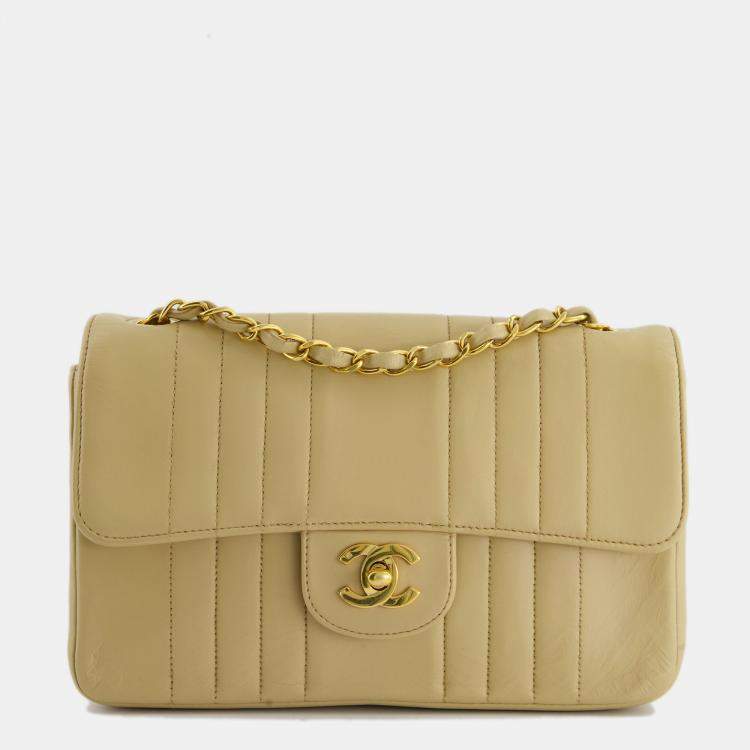 Chanel Vintage Beige Mademoiselle Vertical Stitch Bag in Lambskin Leather  with 24K Gold Hardware Chanel