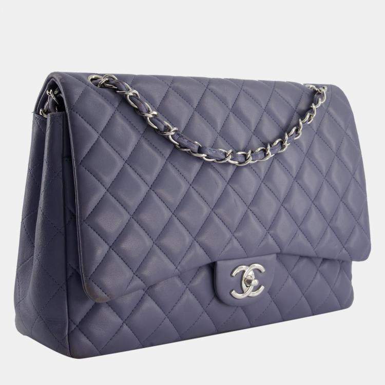 Chanel Navy Quilted Lambskin Mini Rectangular Classic Flap Silver