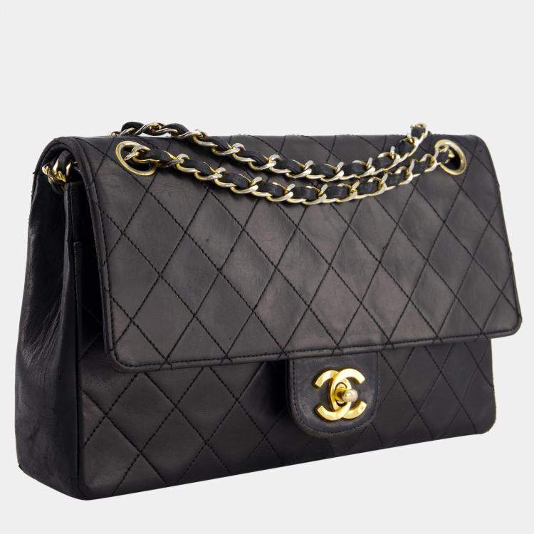 Chanel Black Vintage Classic Stitched Edge Medium Double Flap Bag in  Lambskin Leather with 24k Gold Hardware Chanel