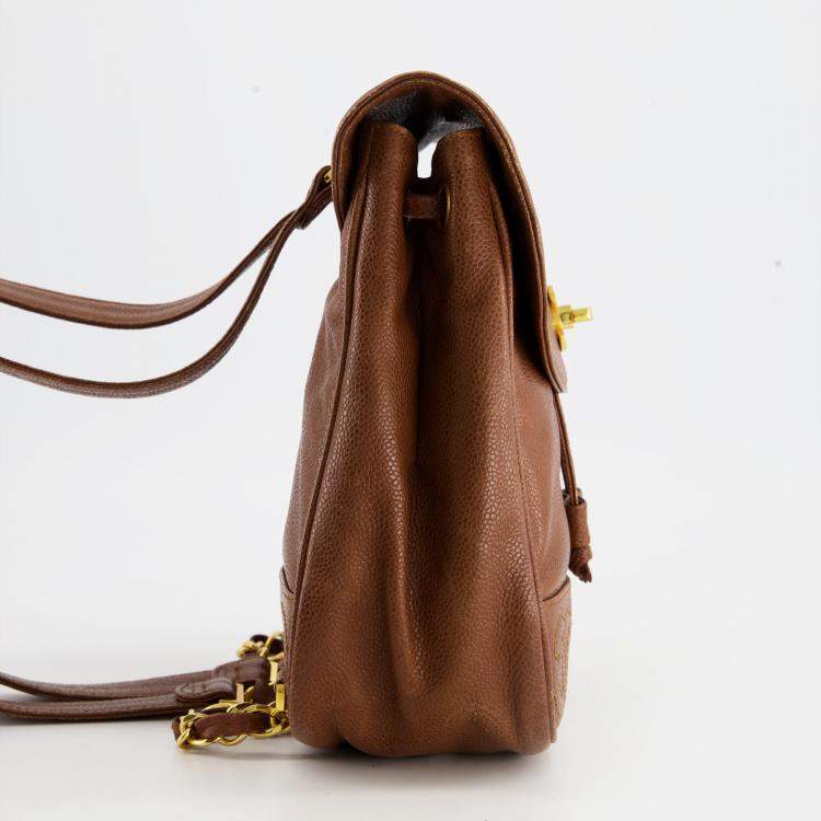 Pre Owned Chanel Vintage Caramel Mini Backpack Bag in Caviar Leather with 24K Gold Hardware