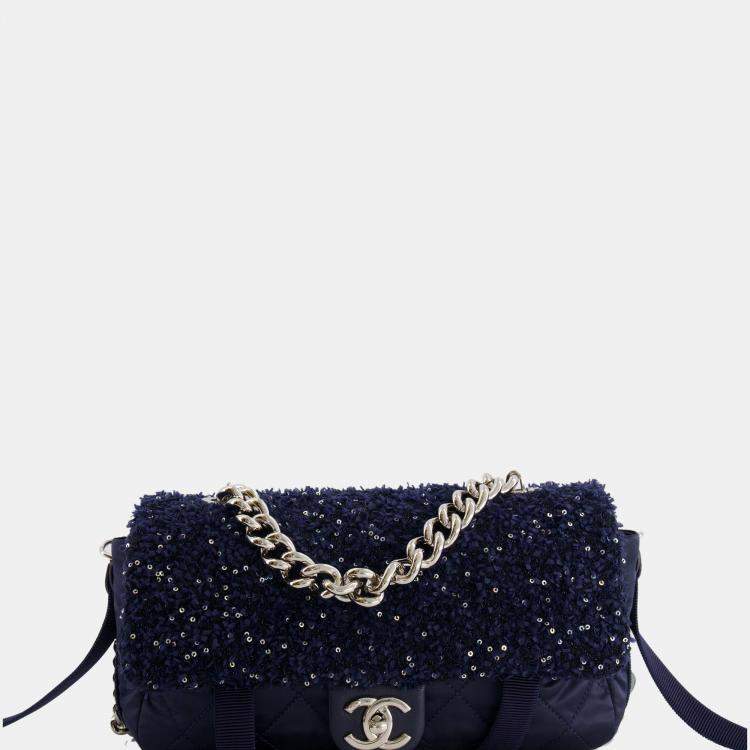 Chanel Navy Sequin Tweed and Nylon Astronaut Flap Bag with Silver