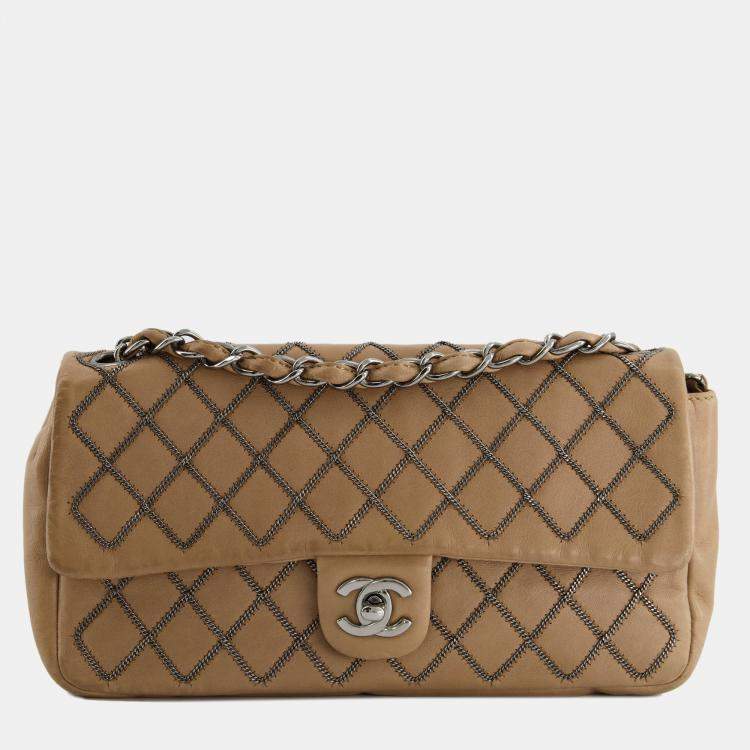 Chanel Beige East West Single Flap Bag in Lambskin Leather with Silver  Quilted Chain Detail Chanel