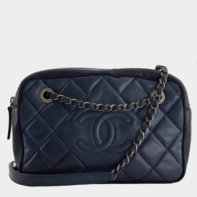 Chanel Navy Small Quilted CC Logo Camera Bag in Lambskin Leather Ruthenium  Hardware Chanel