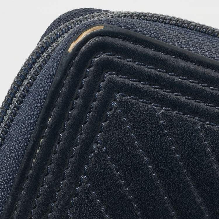 Pre Owned Chanel Dark Blue Chevron Leather Boy Zip Around Wallet