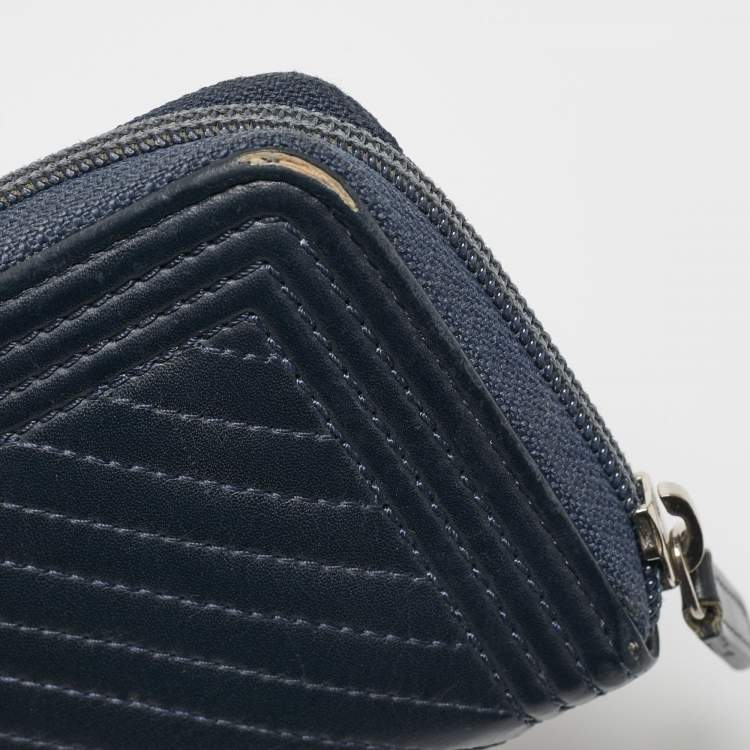 Pre Owned Chanel Dark Blue Chevron Leather Boy Zip Around Wallet
