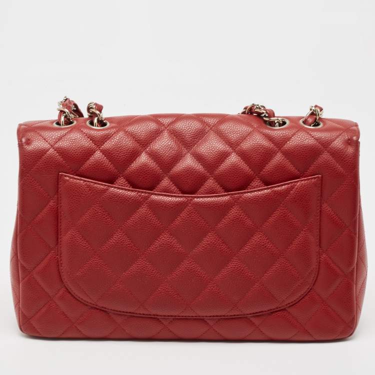 Pre Owned Chanel Red Quilted Caviar Leather Jumbo Classic Single Flap Bag