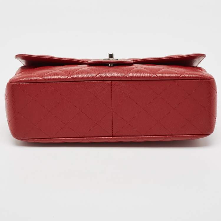 Pre Owned Chanel Red Quilted Caviar Leather Jumbo Classic Single Flap Bag