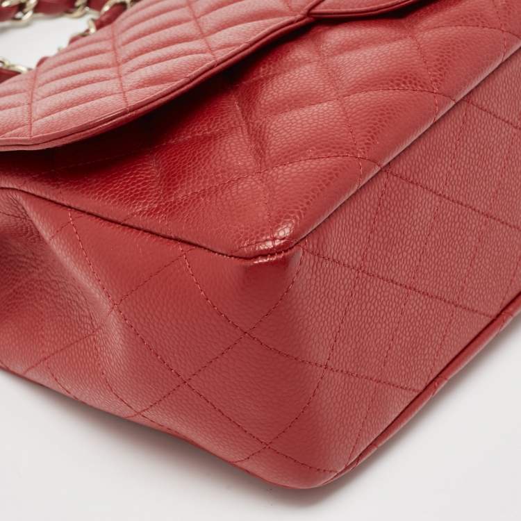 Pre Owned Chanel Red Quilted Caviar Leather Jumbo Classic Single Flap Bag
