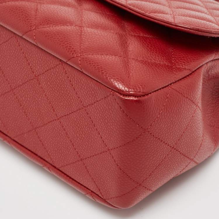 Pre Owned Chanel Red Quilted Caviar Leather Jumbo Classic Single Flap Bag