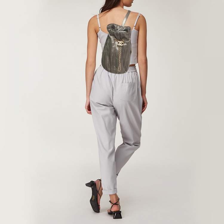 Pre Owned Chanel Gun Metal Leather Coco Pleats Backpack