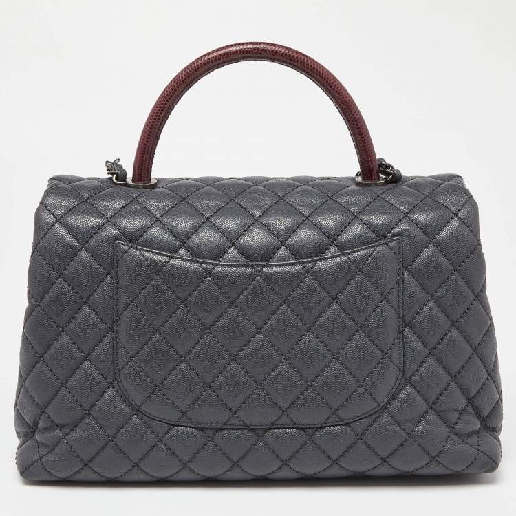 Pre Owned Chanel Grey/Red Caviar Leather and Lizard Leather Medium Coco Top Handle Bag