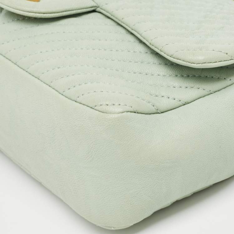 Pre Owned Chanel Mint Green Surpique Chevron Leather Small Flap Bag