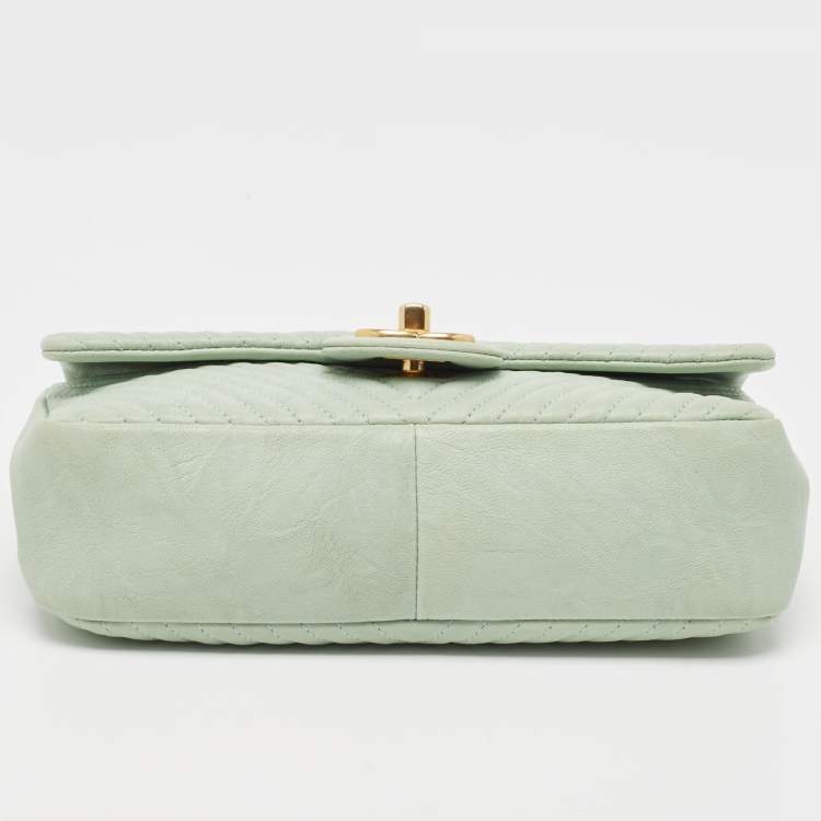 Pre Owned Chanel Mint Green Surpique Chevron Leather Small Flap Bag
