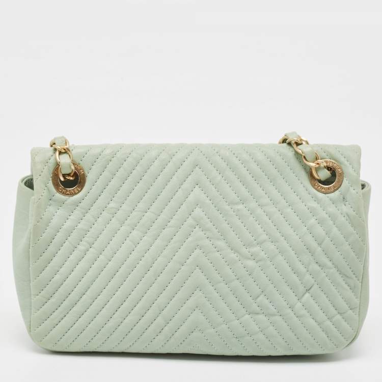 Pre Owned Chanel Mint Green Surpique Chevron Leather Small Flap Bag