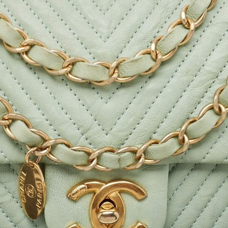 Pre Owned Chanel Mint Green Surpique Chevron Leather Small Flap Bag