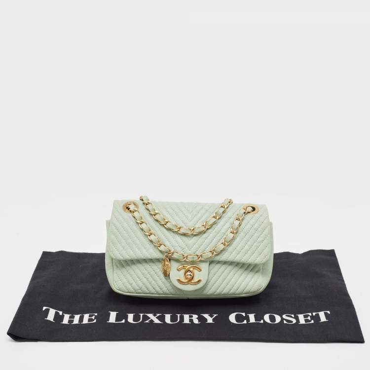 Pre Owned Chanel Mint Green Surpique Chevron Leather Small Flap Bag