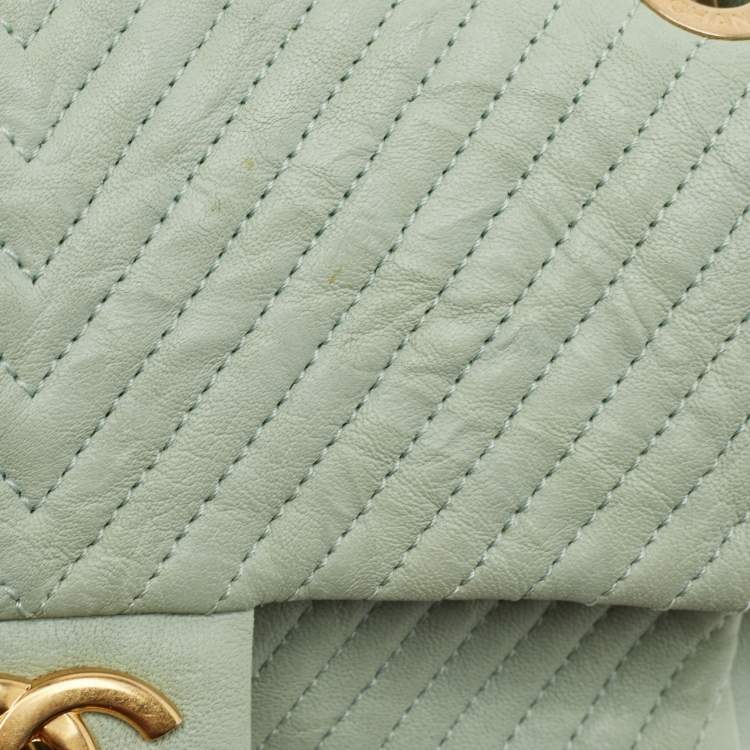 Pre Owned Chanel Mint Green Surpique Chevron Leather Small Flap Bag
