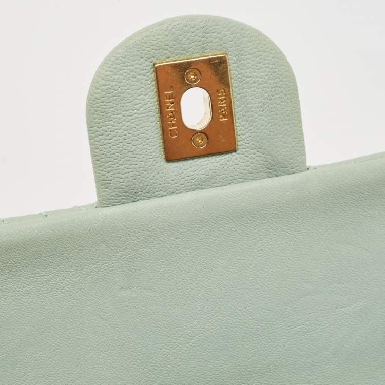 Pre Owned Chanel Mint Green Surpique Chevron Leather Small Flap Bag