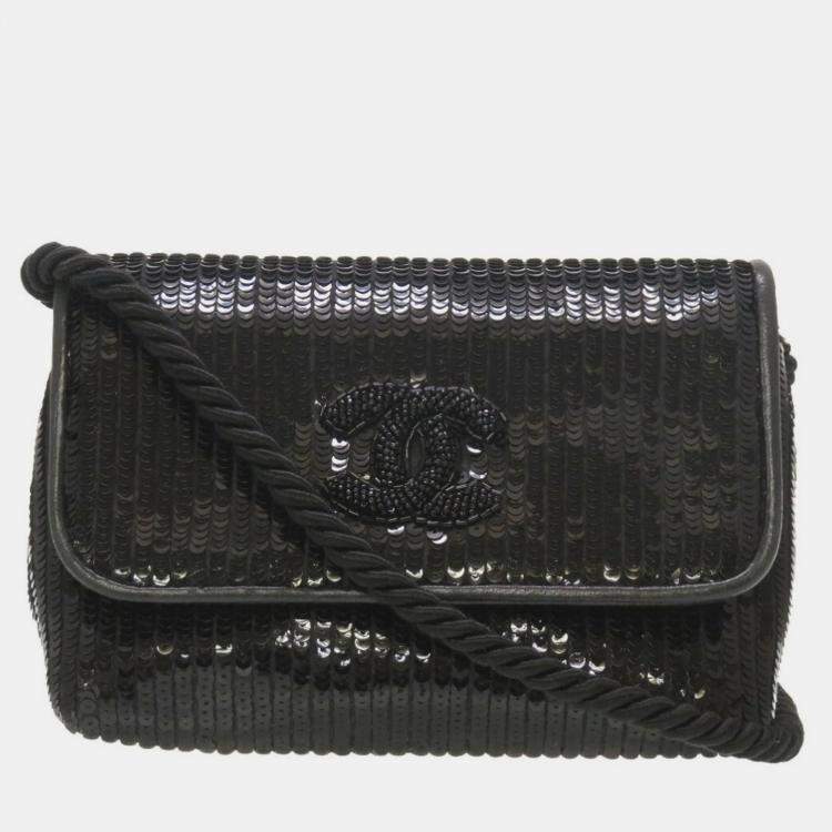 Chanel Black Sequin and Leather Trim CC Shoulder Bag