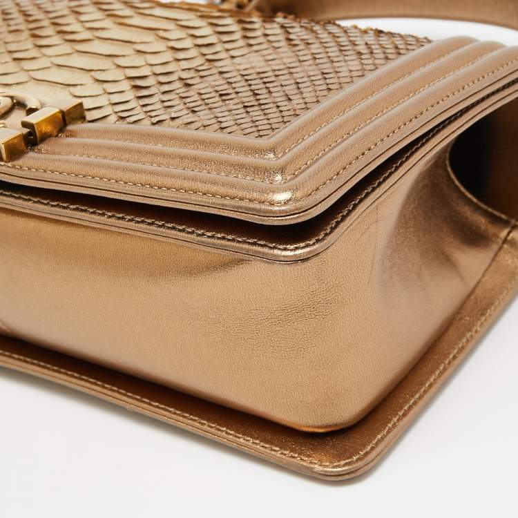 Pre Owned Chanel Metallic Gold Python and Leather Medium Boy Flap Bag