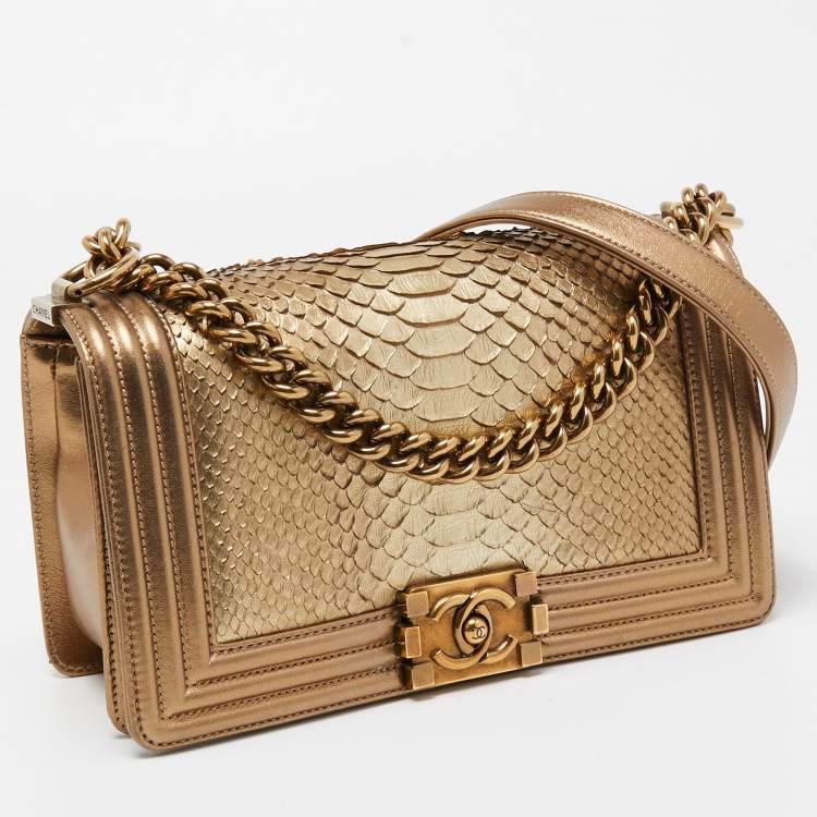 Pre Owned Chanel Metallic Gold Python and Leather Medium Boy Flap Bag