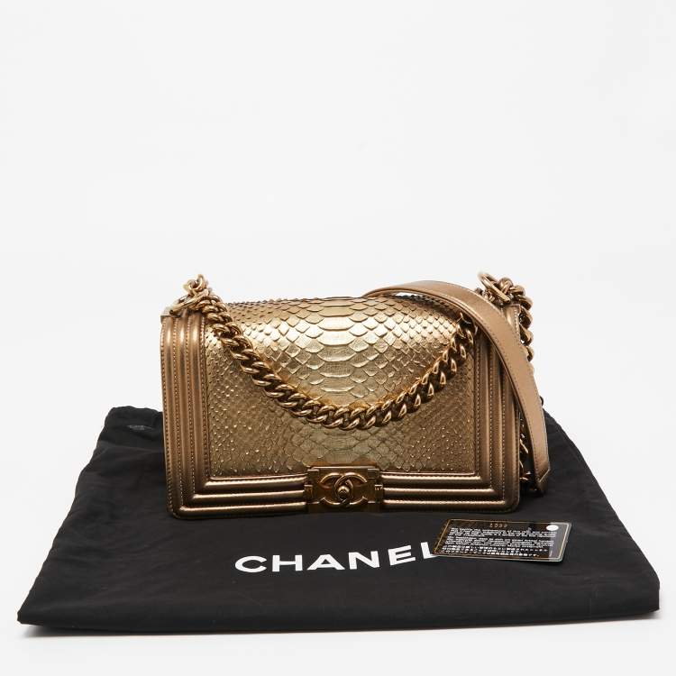 Pre Owned Chanel Metallic Gold Python and Leather Medium Boy Flap Bag