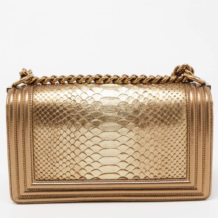 Pre Owned Chanel Metallic Gold Python and Leather Medium Boy Flap Bag