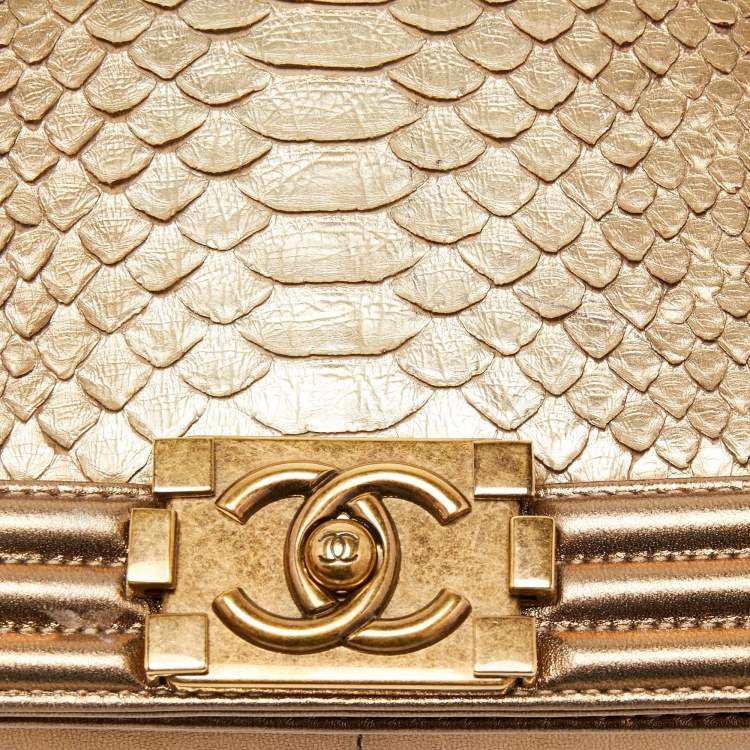 Pre Owned Chanel Metallic Gold Python and Leather Medium Boy Flap Bag