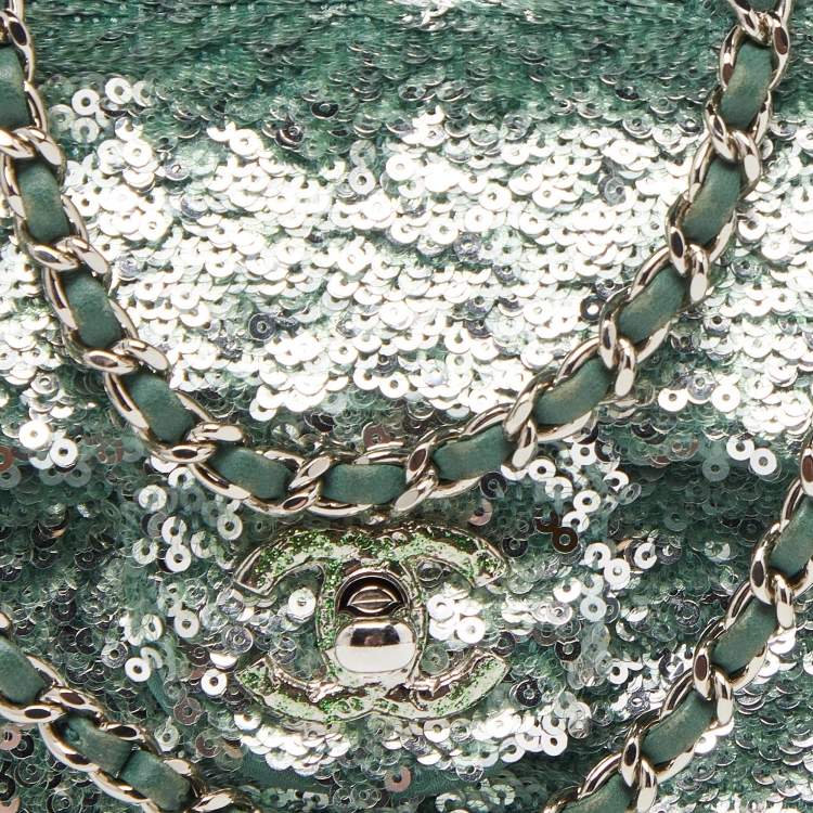 Pre Owned Chanel Green Sequins and Satin Mini Square Classic Flap Bag