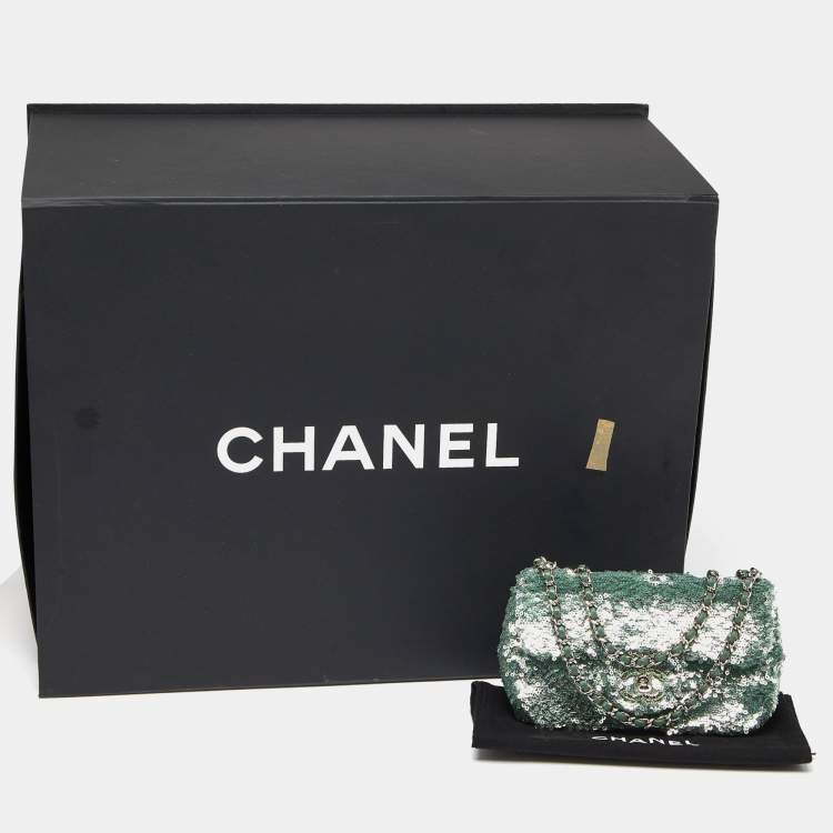 Pre Owned Chanel Green Sequins and Satin Mini Square Classic Flap Bag