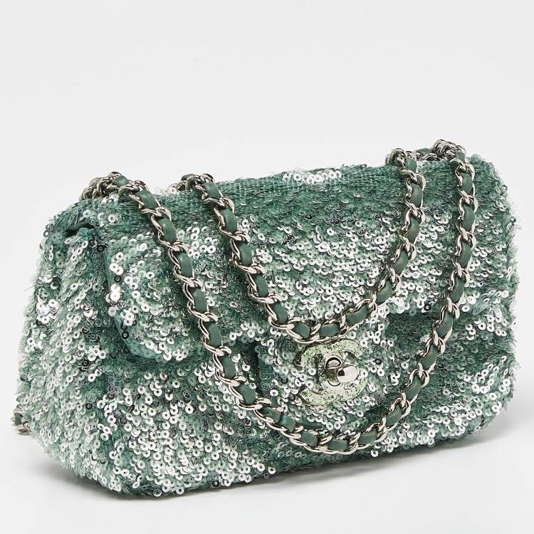 Pre Owned Chanel Green Sequins and Satin Mini Square Classic Flap Bag