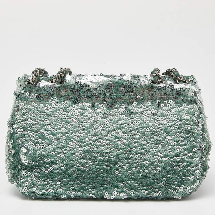 Pre Owned Chanel Green Sequins and Satin Mini Square Classic Flap Bag