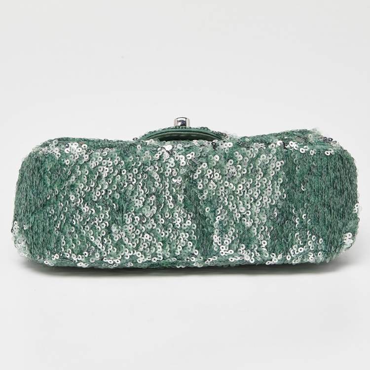 Pre Owned Chanel Green Sequins and Satin Mini Square Classic Flap Bag